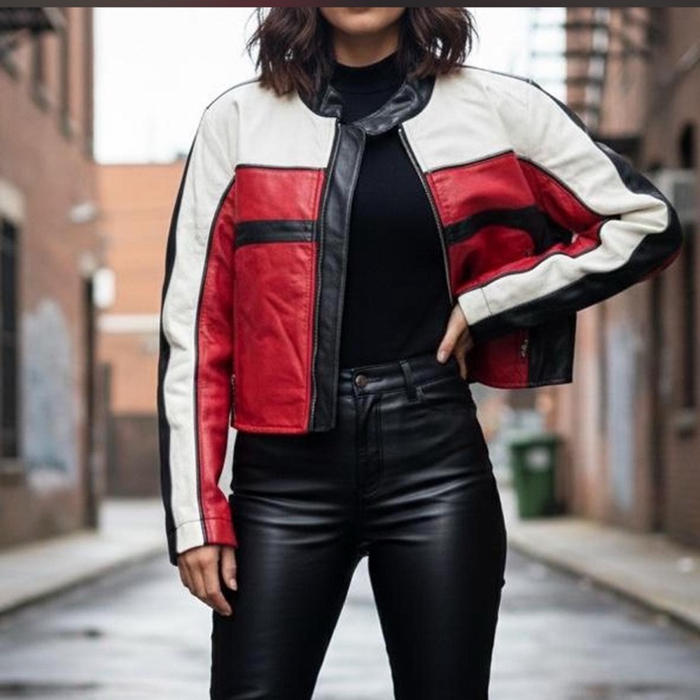 Windsor Red, White & Black Colorblock Leather Jacket